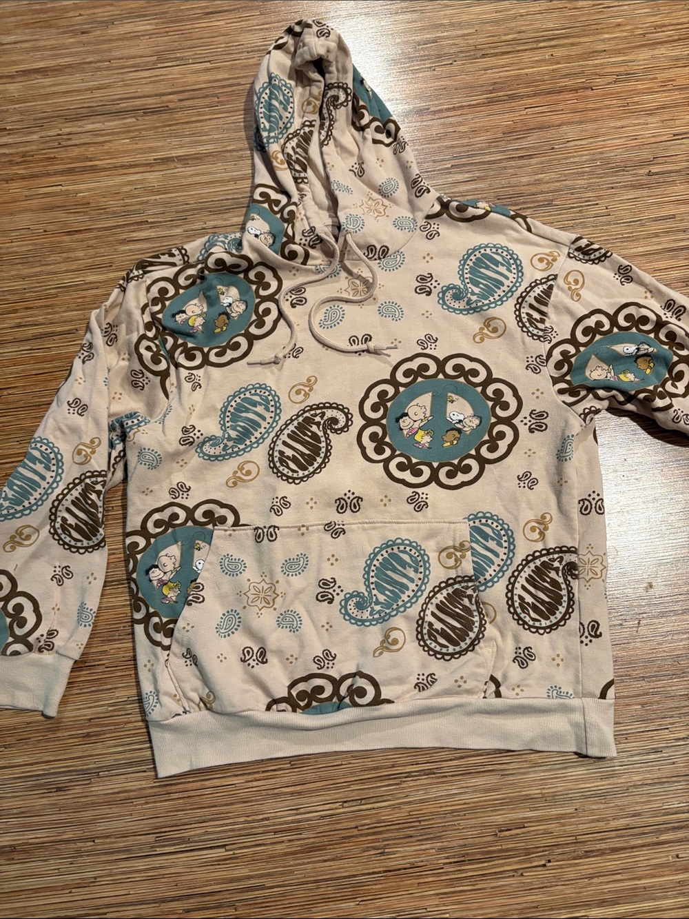 Peanuts Beige Paisley Zip-Up Style Hooded Sweater with Teal and Brown Accents